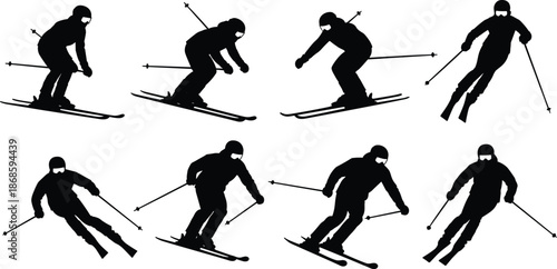 Collection of professional skier silhouettes in motion, winter sports athletes skiing downhill, mountain resort activity and outdoor recreation vector illustration for holiday travel,
