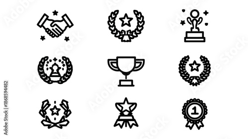 Success and Achievement Icons Set. Outline vector illustrations of awards, victory, winning, partnership, recognition, and excellence.