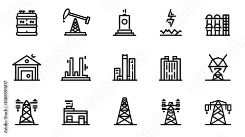 Energy industry line icons set: oil, gas, electricity production, power generation, transmission, factory, and manufacturing symbols.