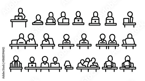 Business people line icon set. Minimalist vector illustration of workers, teams, and meetings in office and remote work settings.