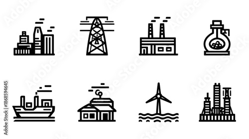 Industrial, Energy, and Infrastructure Line Icons Set: Manufacturing Factories, Power Plants, Renewable Wind Turbines, Shipping