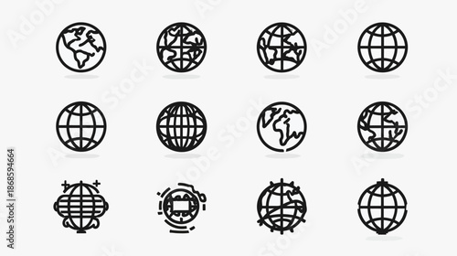 Collection of diverse outline globe icons. Earth, world, and global network symbols for digital design, web, and international concepts.