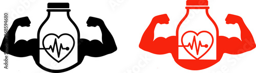 Dynamic illustration of a strong heart health concept with flexed arms and a bottle, conveying vitality and energy.