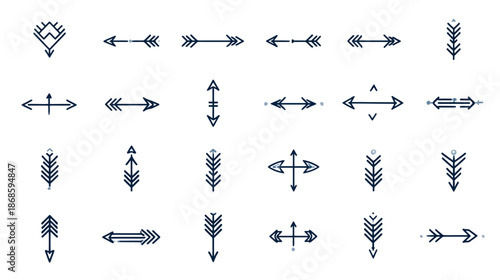 Set of diverse geometric arrow icons and tribal design elements. Abstract bohemian directional pointers for modern graphic design.