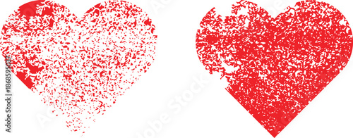Set of two red grunge hearts with distressed texture for valentine day and romantic love concept