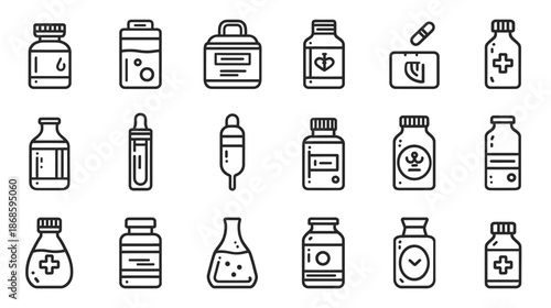 Medicine and Pharmacy Outline Icons. Set of Line Art Medical Bottles, Drug Containers, Pill Jars, and Health Supplements