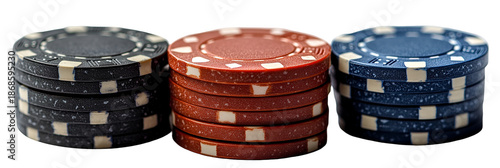 Three gaming dice set against transparent background