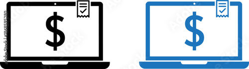Laptop icons with dollar signs and receipts on screen, representing online financial transactions