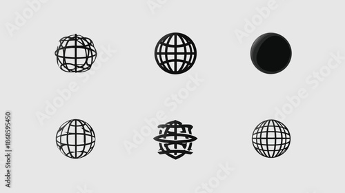 Collection of black and white abstract global icons representing network, internet, connection, and communication technology