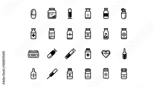 Medical and healthcare icons set. Collection of pharmacy drugs, pills, syringes, and hospital symbols. Flat vector illustration.