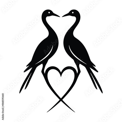Two black cranes forming heart shape with necks and crossed legs below bird white