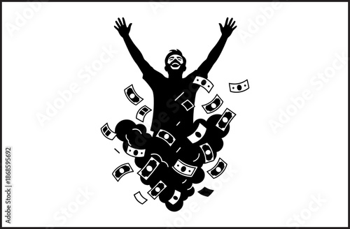 Man jumping in joy with money flying around him
