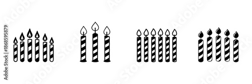 Striped Birthday Candles In Hand Drawn Style Set. Celebration, Festivity, Party Decoration Doodle Sketch Collection. Isolated Vector Illustration