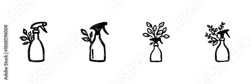 Spray Bottles With Leaves In Hand Drawn Style Set. Eco-Friendly Cleaning, Natural Products, Organic Solutions Doodle Sketch Collection. Sustainable Living. Isolated Vector Illustration