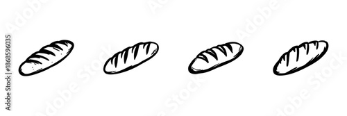 Four Baguette Loaves In Hand Drawn Style Set. Artisan Bread, Bakery, Freshly Baked Goods Doodle Sketch Collection. Rustic Culinary Art. Isolated Vector Illustration