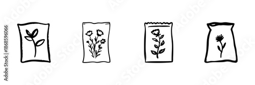 Seed Packet Illustrations In Hand Drawn Style Set. Gardening, Planting, And Horticulture Doodle Sketch Collection. Botanical Design Elements. Isolated Vector Illustration