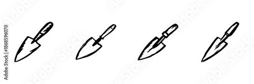 Garden Trowel Tools In Hand Drawn Style Set. Gardening, Planting, And Landscaping Equipment Doodle Sketch Collection. Horticulture And Soil Cultivation. Isolated Vector Illustration