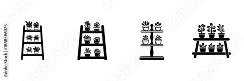Potted Plant Shelves In Hand Drawn Style Set. Indoor Gardening, Home Decor, Plant Display Doodle Sketch Collection. Botanical Arrangement. Isolated Vector Illustration
