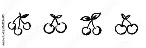 Cherry Icons In Hand Drawn Style Set. Fresh Fruit, Healthy Eating, Natural Food Doodle Sketch Collection. Organic Produce, Summer Harvest. Isolated Vector Illustration