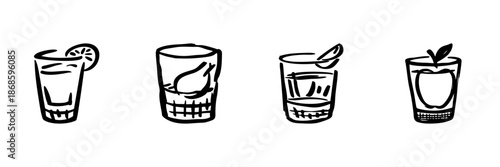 Four Beverage Glasses With Fruit Garnishes In Hand Drawn Style Set. Refreshing Drink, Cocktail, Juice Doodle Sketch Collection. Citrus, Pear, Lemon, Apple Themes. Isolated Vector Illustration