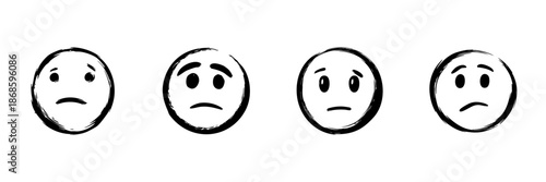 Sad And Worried Face Emoticons In Hand Drawn Style Set. Emotional Expression, Anxiety, Concern Doodle Sketch Collection. Mood Representation. Isolated Vector Illustration