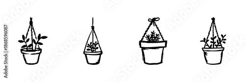 Hanging Plant Pots In Hand Drawn Style Set. Indoor Gardening, Home Decor, Macrame Plant Hangers Doodle Sketch Collection. Botanical Art. Isolated Vector Illustration