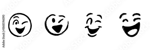 Winking Smiley Faces In Hand Drawn Style Set. Playful Expression, Fun Communication, Positive Emotion Doodle Sketch Collection. Whimsical Character Design. Isolated Vector Illustration