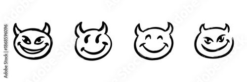 Devil Emoji Faces In Hand Drawn Style Set. Mischievous Expressions, Playful And Cheeky Emotions Doodle Sketch Collection. Cartoon Character Design. Isolated Vector Illustration