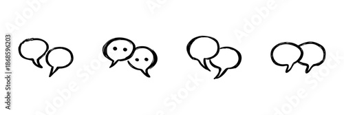 Speech Bubbles In Hand Drawn Style Set. Communication, Dialogue, Social Interaction Doodle Sketch Collection. Messaging And Conversation Symbols. Isolated Vector Illustration