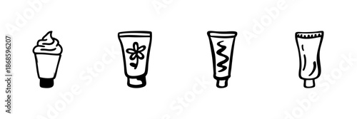 Hand Drawn Cosmetic Tubes And Cream Icons Set. Skincare, Beauty Products, And Personal Care Doodle Sketch Collection. Lotion, Toothpaste, And Cream Packaging. Isolated Vector Illustration