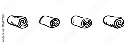 Rolled Towels In Hand Drawn Style Set. Spa, Relaxation, Hygiene, And Wellness Doodle Sketch Collection. Bathroom Essentials. Isolated Vector Illustration