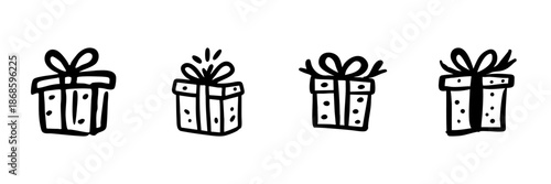 Gift Boxes With Ribbons In Hand Drawn Style Set. Celebration, Surprise, Holiday Present Doodle Sketch Collection. Festive Gift Giving. Isolated Vector Illustration