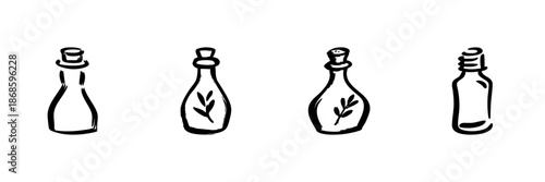 Hand Drawn Bottles With Herbs In Doodle Style Set. Essential Oils, Aromatherapy, Natural Remedies Sketch Collection. Herbal Medicine, Wellness, Spa Products. Isolated Vector Illustration