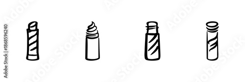 Lip Balm And Lipstick Tubes In Hand Drawn Style Set. Cosmetic And Beauty Product Doodle Sketch Collection. Skincare And Makeup Essentials. Isolated Vector Illustration