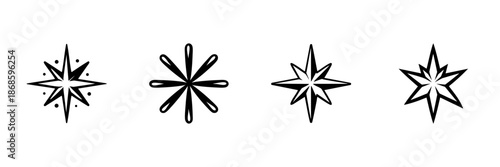 Starburst And Compass Rose Icons In Hand Drawn Style Set. Navigation, Direction, And Celestial Symbolism Doodle Sketch Collection. Decorative Elements. Isolated Vector Illustration