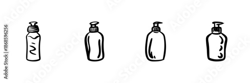 Hand Drawn Bottles With Pump Dispensers In Sketch Style Set. Personal Care, Hygiene, Skincare Product Containers Doodle Collection. Cosmetic Packaging Illustration. Isolated Vector Illustration