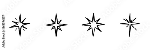 Starburst Icons In Hand Drawn Style Set. Celestial Navigation, Guidance, And Illumination Doodle Sketch Collection. Decorative Elements. Isolated Vector Illustration