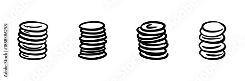 Stacks Of Coins In Hand Drawn Style Set. Financial Growth, Savings, Wealth Accumulation Doodle Sketch Collection. Economic Prosperity Symbol. Isolated Vector Illustration