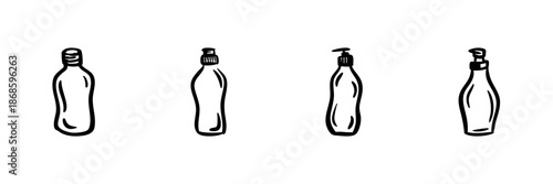 Plastic Bottles With Different Caps In Hand Drawn Style Set. Packaging Variations, Liquid Storage, Dispenser Doodle Sketch Collection. Household And Personal Care. Isolated Vector Illustration
