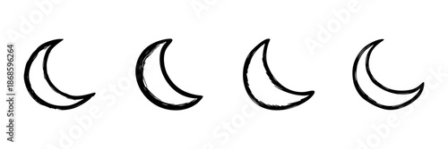 Crescent Moon Phases In Hand Drawn Style Set. Lunar Cycle, Nighttime Symbolism, Celestial Doodle Sketch Collection. Astronomy And Astrology Theme. Isolated Vector Illustration
