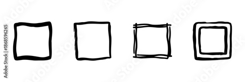 Hand Drawn Square Frame Variations In Doodle Style Set. Creative Border Design, Artistic Sketch Collection. Decorative Elements For Graphic Design. Isolated Vector Illustration