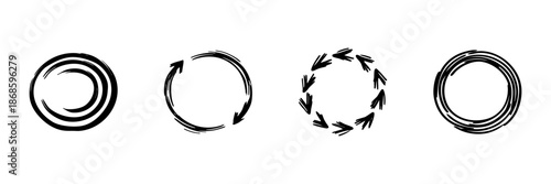 Hand Drawn Circular Arrows And Swirls Icon Set. Recycling, Process Flow, And Continuity Doodle Sketch Collection. Abstract Motion And Cycle Representation. Isolated Vector Illustration