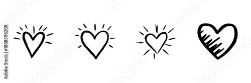 Hand Drawn Heart Icons In Doodle Style Set. Love, Affection, And Emotion Symbol Sketch Collection. Romantic And Whimsical Design. Isolated Vector Illustration
