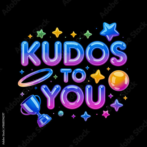 kudos to you colorful 3d gradient typography with blue trophy on black background