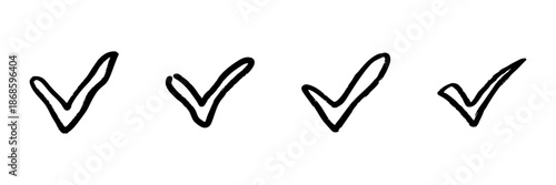 Four Check Marks In Hand Drawn Style Set. Task Completion, Approval, Success Indication Doodle Sketch Collection. Isolated Vector Illustration