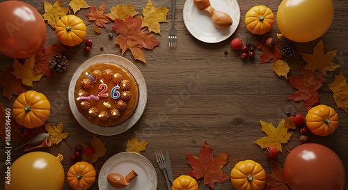 Wallpaper Mural Overhead view of a Thanksgiving-themed table setting with a cake, pumpkins, and fall leaves on a wooden table with a warm and cozy mood. Torontodigital.ca