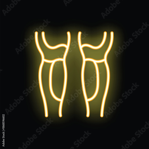 Yellow neon sign representing two pairs of slim human legs, on a black background, ideal for illustrating concepts of weight loss, diet or fitness