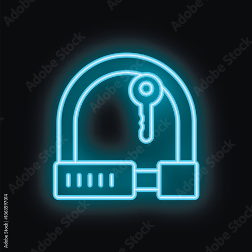 Neon glowing icon of a bicycle lock on a black background, representing security and protection for your bike