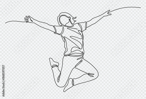 Carefree young woman jumping with outstretched arms in continuous line art style