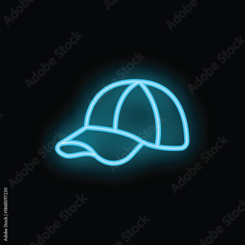 Bright blue neon sign depicting a classic baseball cap, illuminating the night with its cool, urban glow
